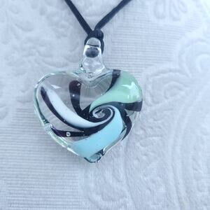 Handmade Blue Green Swirl Glass Heart Pendant Bead Adjustable Corded Necklace